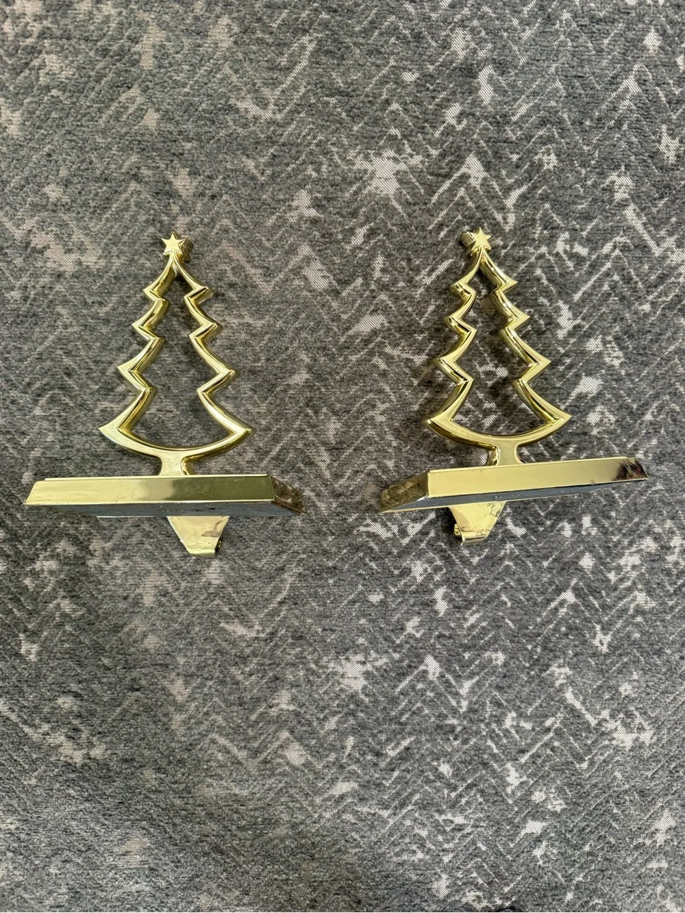 Vintage Pottery Barn Brass Christmas Tree Stocking Holders Mantel Hooks Set of 2